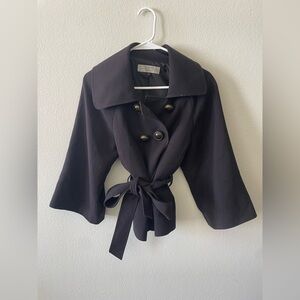 Tahari ASL black petite button up pea coat with tie and collar